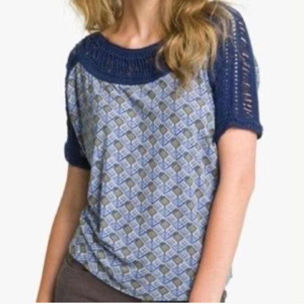 Free People Viscose/Linen Tribal Grunge Top With Crochet Neckline/Sleeves